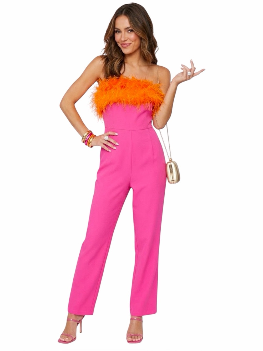 Nasty Gal Petite Bandeau Feather Trim Jumpsuit pink with orange trim 8 NWT
